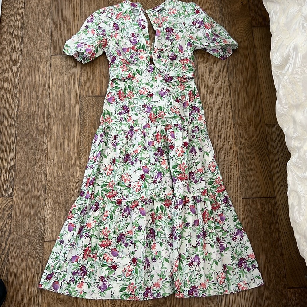 Zara Floral Drop Waist Silhouette Midi Sun Dress